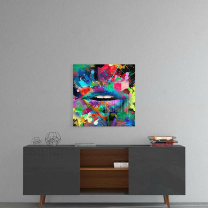 Vibrant colorful abstract lips glass wall art with bold geometric shapes