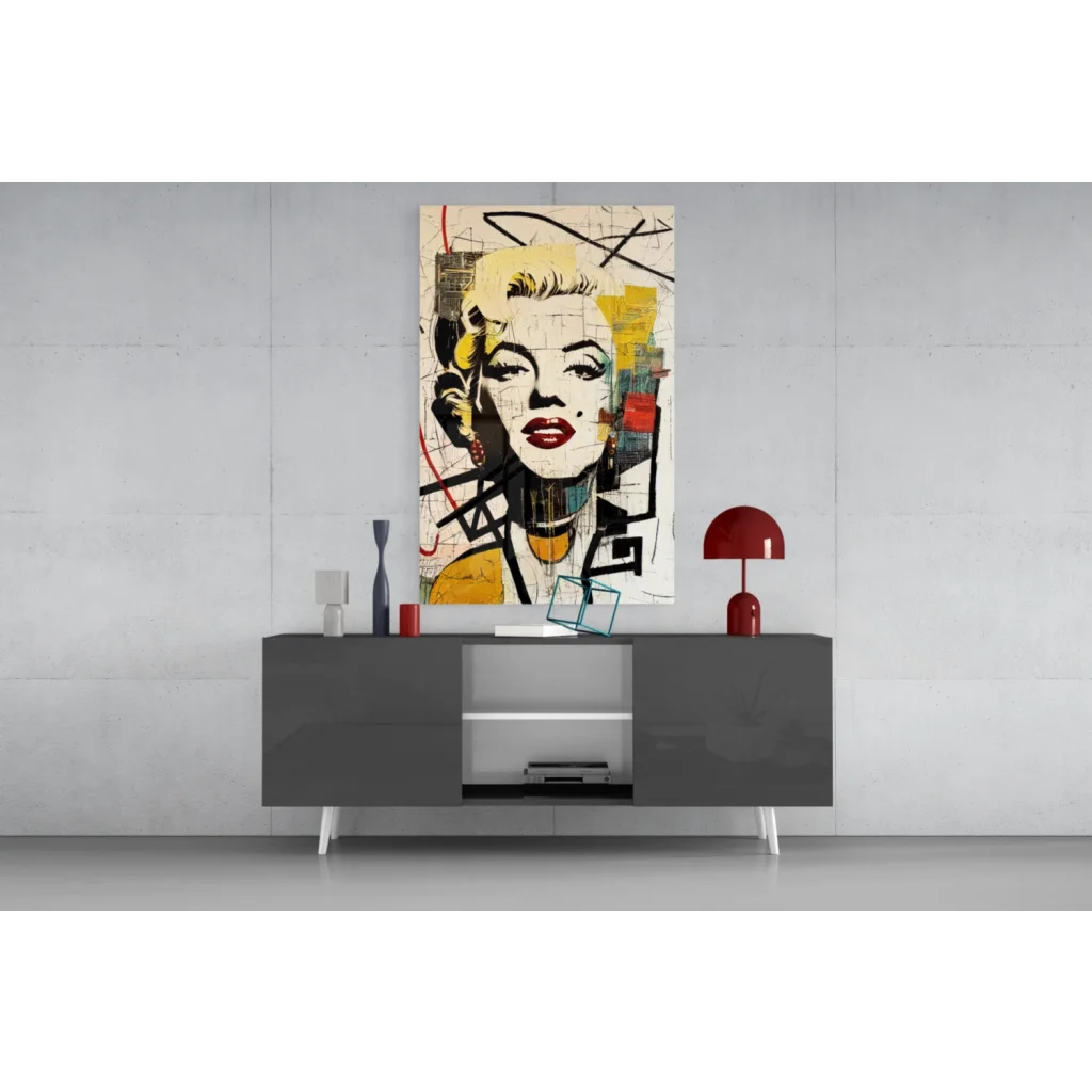 Vibrant Marilyn Monroe pop art wall art on gray modern sideboard