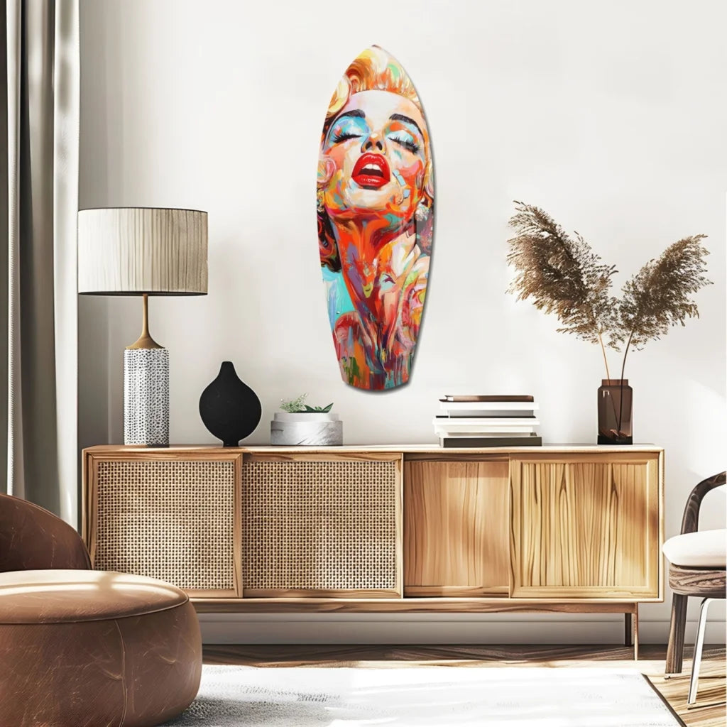Vibrant Marilyn Monroe tempered glass art with abstract face