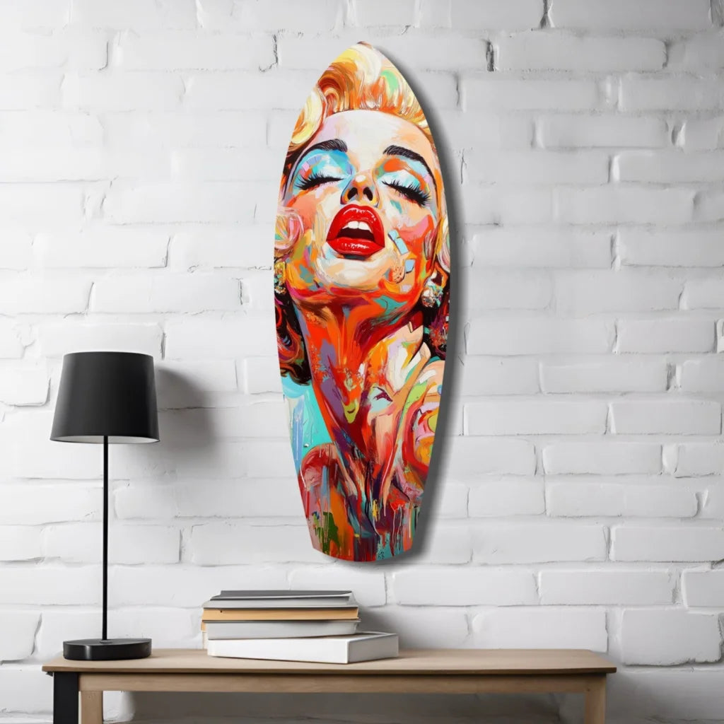 Vibrant Marilyn Monroe tempered glass art with size comparison