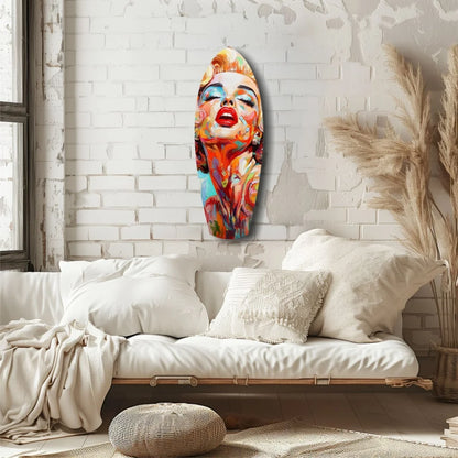Vibrant Marilyn Monroe tempered glass art with size comparison