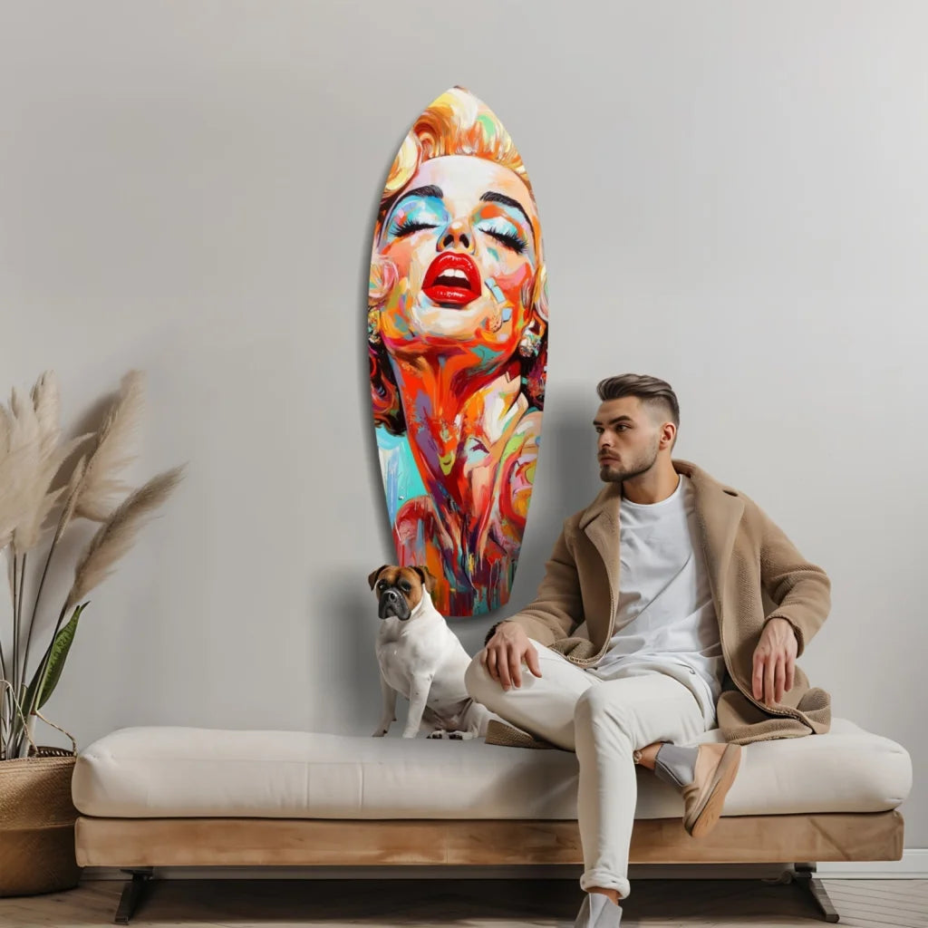 Vibrant Marilyn Monroe tempered glass art with surfboard design