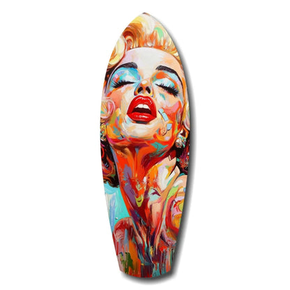 Vibrant Marilyn Monroe on surfboard tempered glass art with size comparison