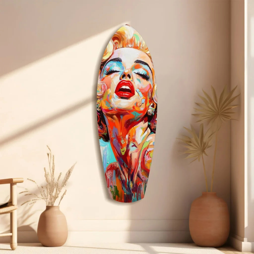 Vibrant Marilyn Monroe tempered glass art with size comparison