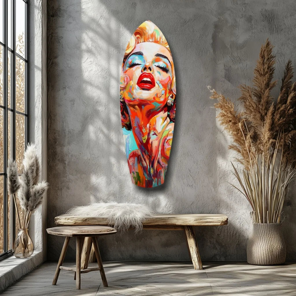 Vibrant Marilyn Monroe tempered glass art with size comparison