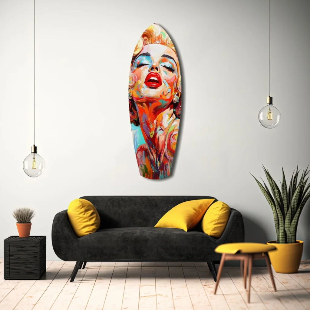 Vibrant Marilyn Monroe tempered glass art with size comparison
