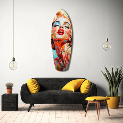Vibrant Marilyn Monroe tempered glass art with size comparison