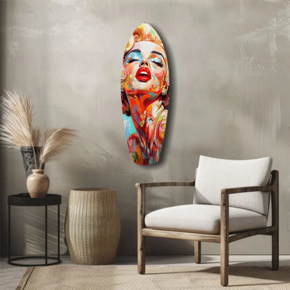 Vibrant Marilyn Monroe tempered glass art with size comparison