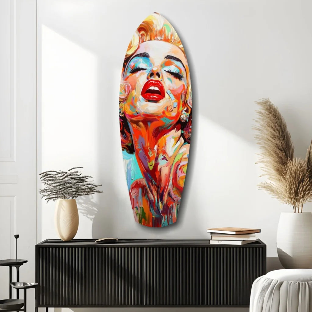 Vibrant Marilyn Monroe tempered glass art with size comparison