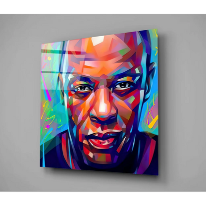 Vibrant Michael Jordan glass wall art canvas print with geometric patterns