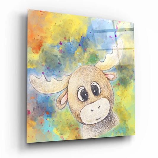Vibrant moose glass wall art with pastel watercolor background