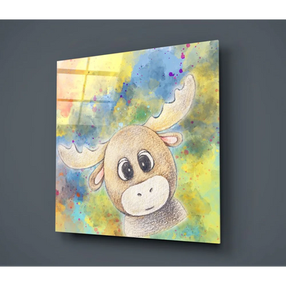 Vibrant moose glass wall art with watercolor magic and cartoon design