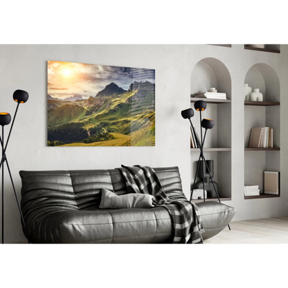 Leather sofa with black and white checkered throw and vibrant mountain sunrise wall art