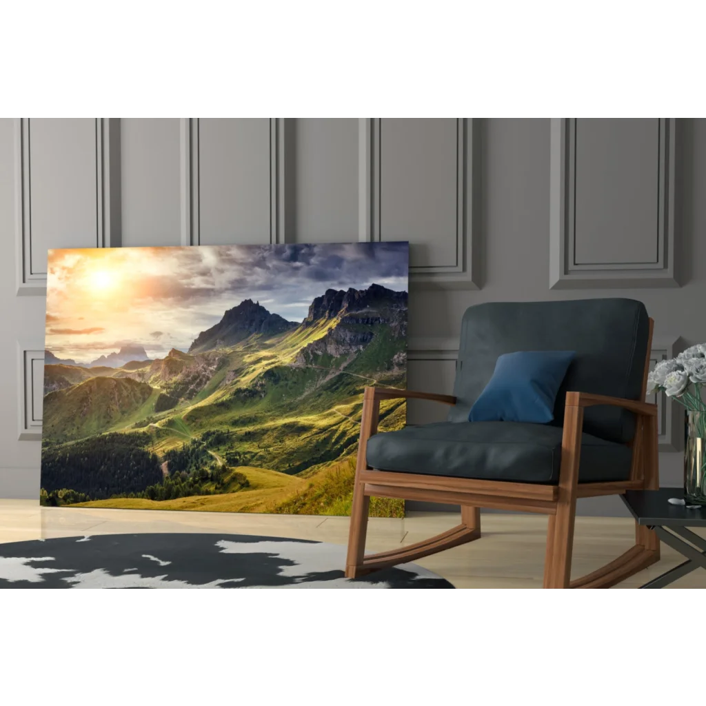 Samsung QLED TV showing vibrant mountain sunrise wall art print