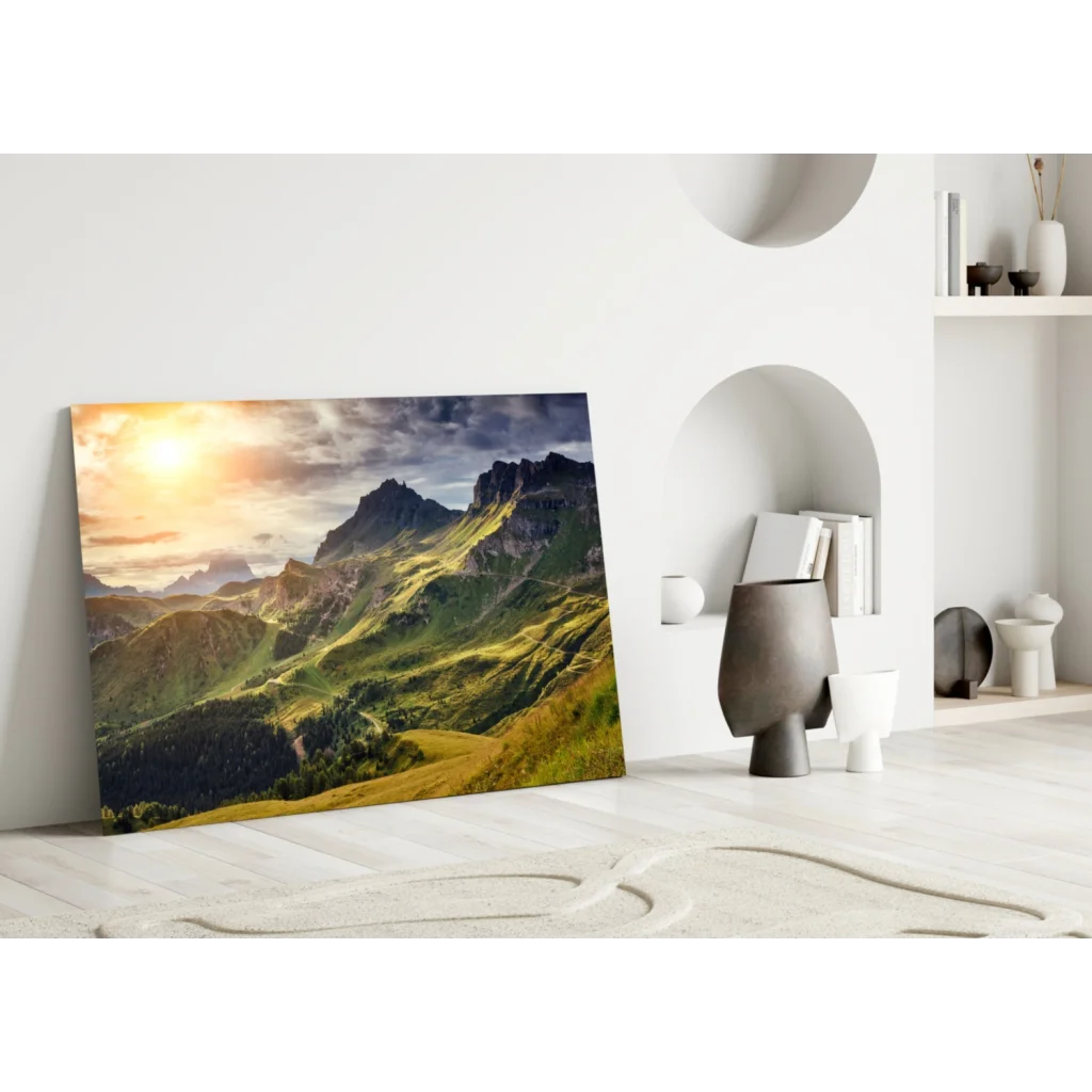 Vibrant mountain sunrise canvas wall art print in green and yellow hues