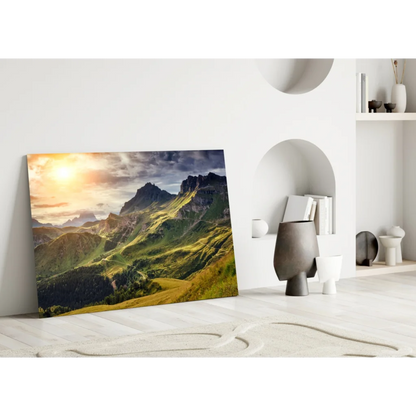 Vibrant mountain sunrise canvas wall art print in green and yellow hues