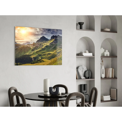 Black round dining table with geometric chairs and white vase wall art