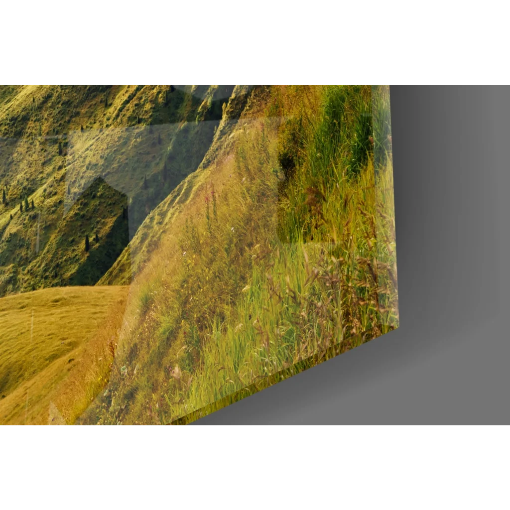 Vibrant mountain sunrise canvas wall art print with green grass canvas