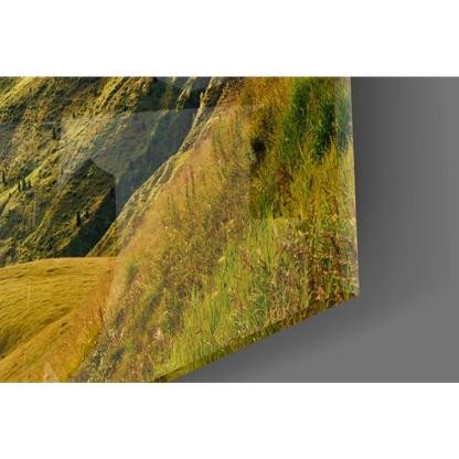 Vibrant mountain sunrise canvas wall art print with green grass canvas