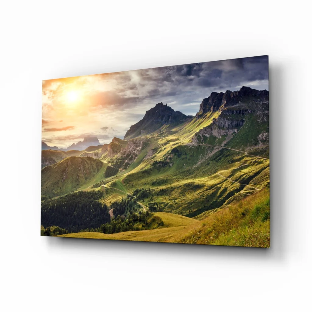 Vibrant mountain sunrise canvas wall art with green peaks and sunset sky