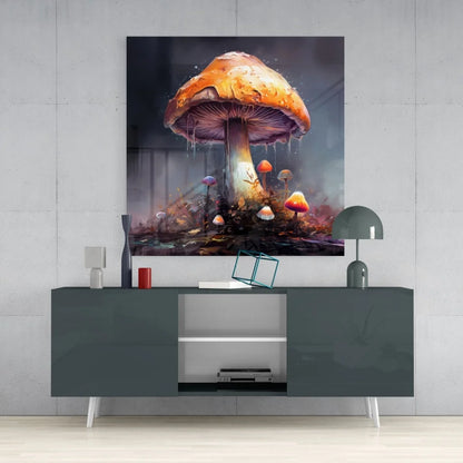 Vibrant orange mushroom tempered glass art with purple stems and green leaves