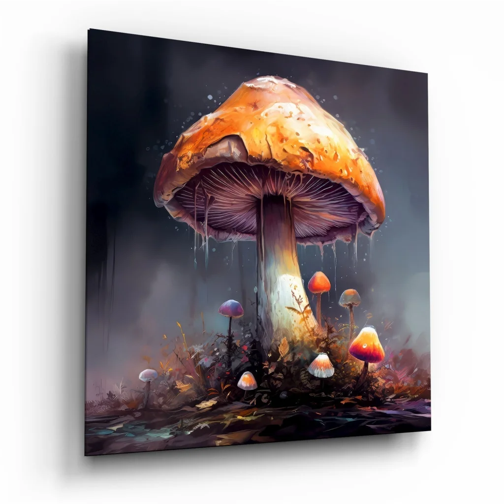 Vibrant orange mushroom tempered glass art for walls