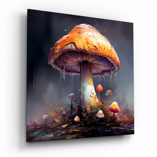 Vibrant orange mushroom tempered glass art for walls