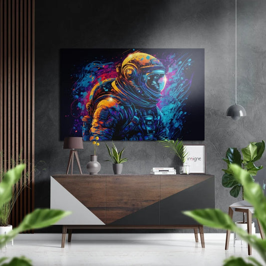 Vibrant neon astronaut art print on brushed aluminium dibond