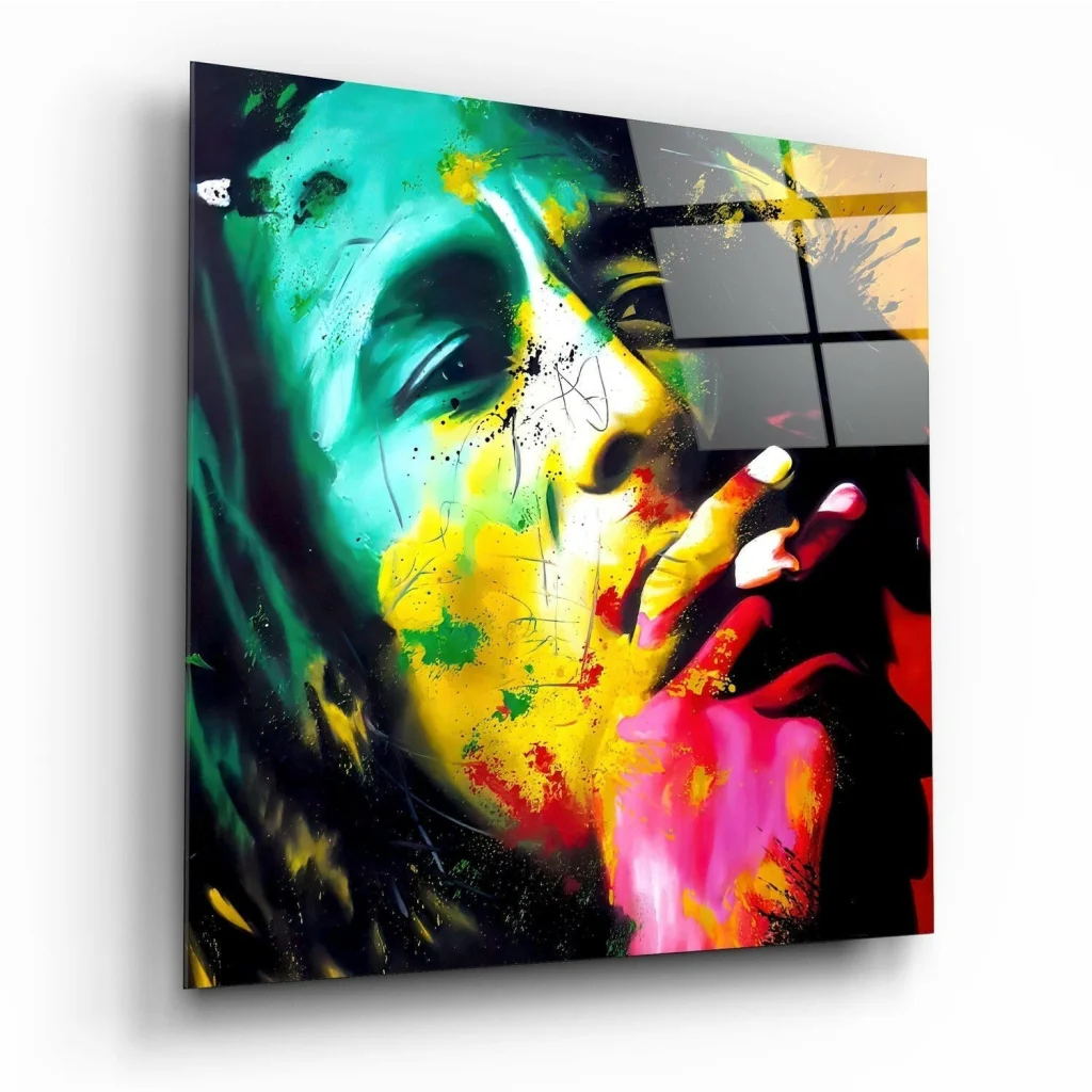 Vibrant Bob Marley neon face splash wall art on black canvas