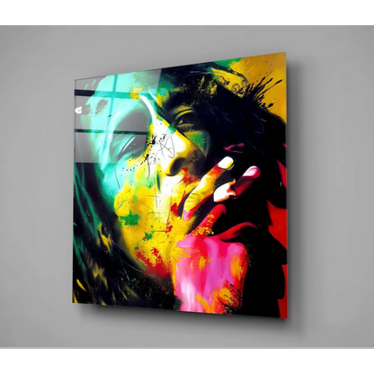 Vibrant neon face splash wall art on black canvas, colorful abstract painting