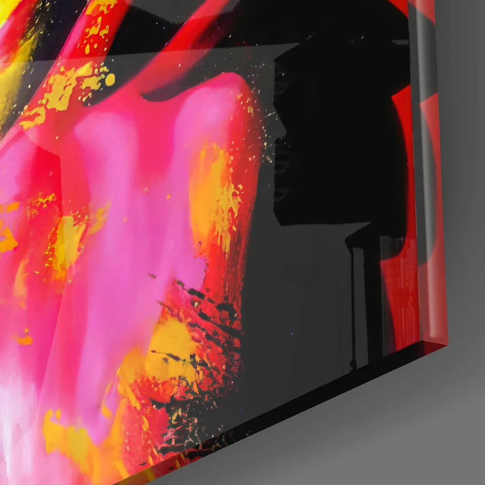 Vibrant neon pink yellow abstract wall art on black canvas