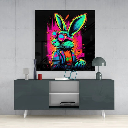 Vibrant neon rabbit tempered glass art with sunglasses and tie on black background