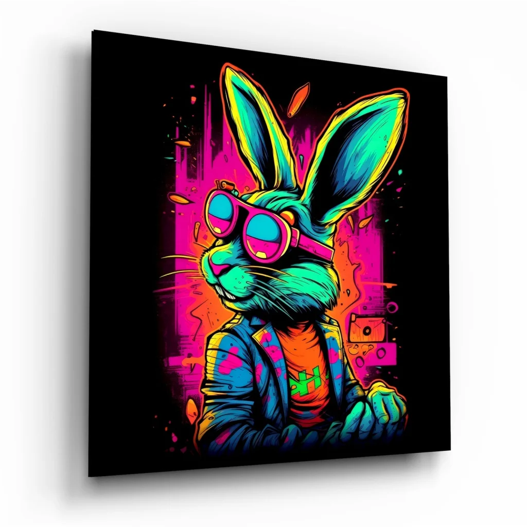 Vibrant neon rabbit tempered glass art with size comparison