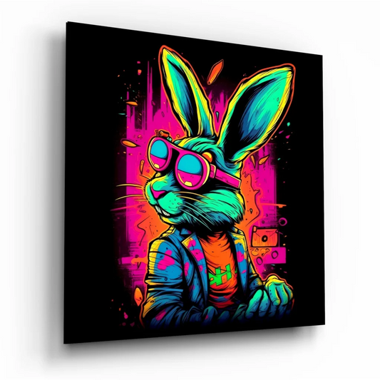 Vibrant neon rabbit tempered glass art with size comparison