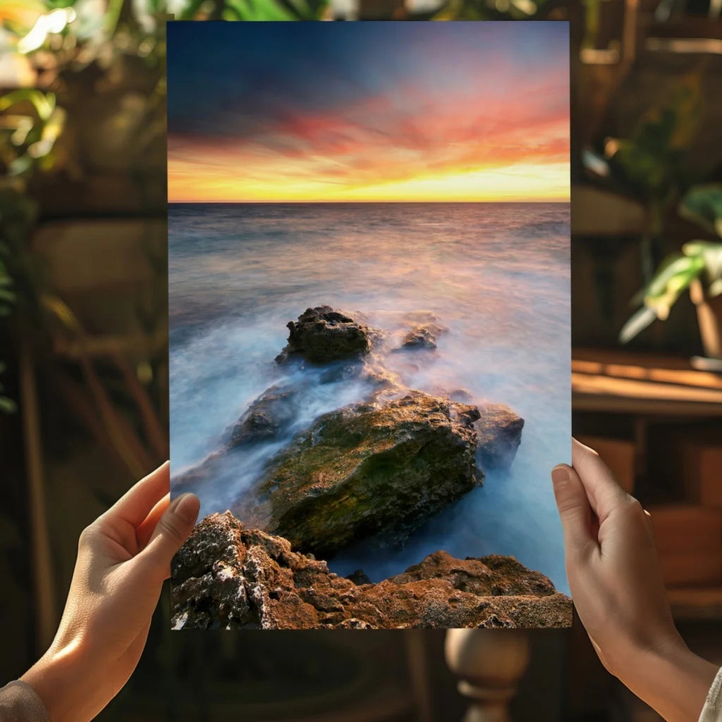 Vibrant ocean sunset canvas print with flowing waves and rocks