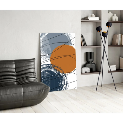 Vibrant orange abstract wall art print with bold blue geometric circles