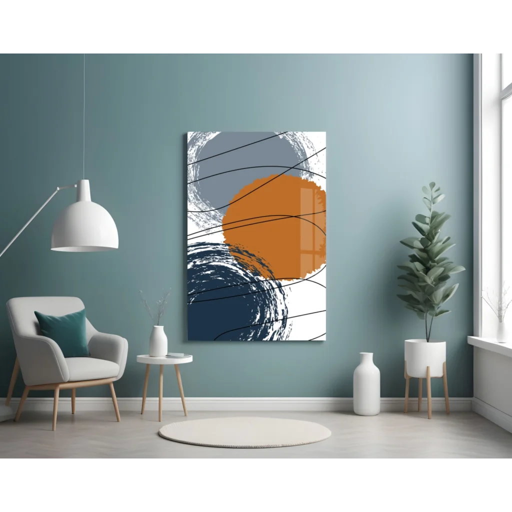 Vibrant orange and gray abstract wall art print on canvas with bold geometric circles