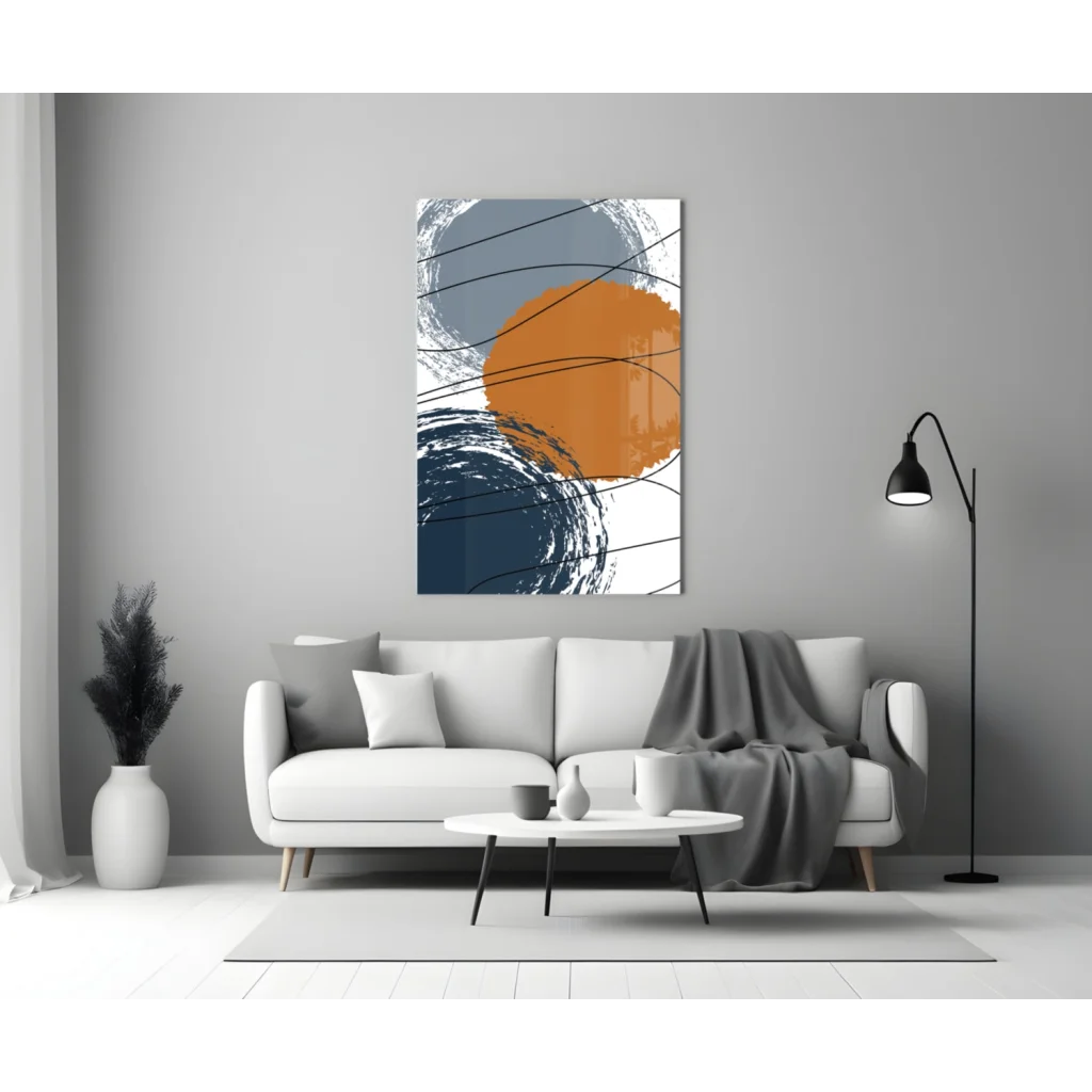 Vibrant orange abstract wall art print with bold geometric circles and gray lines