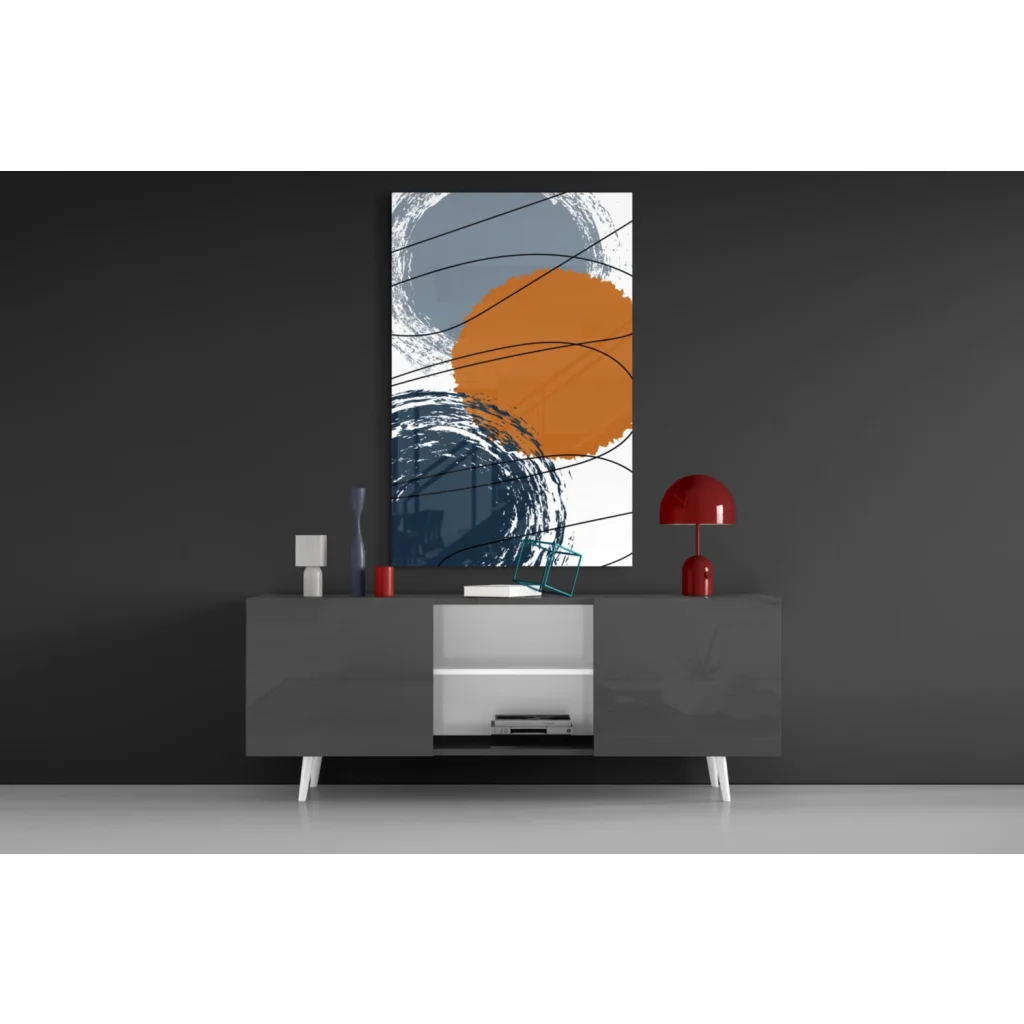 Vibrant orange abstract wall art print with bold geometric circles on dark wall