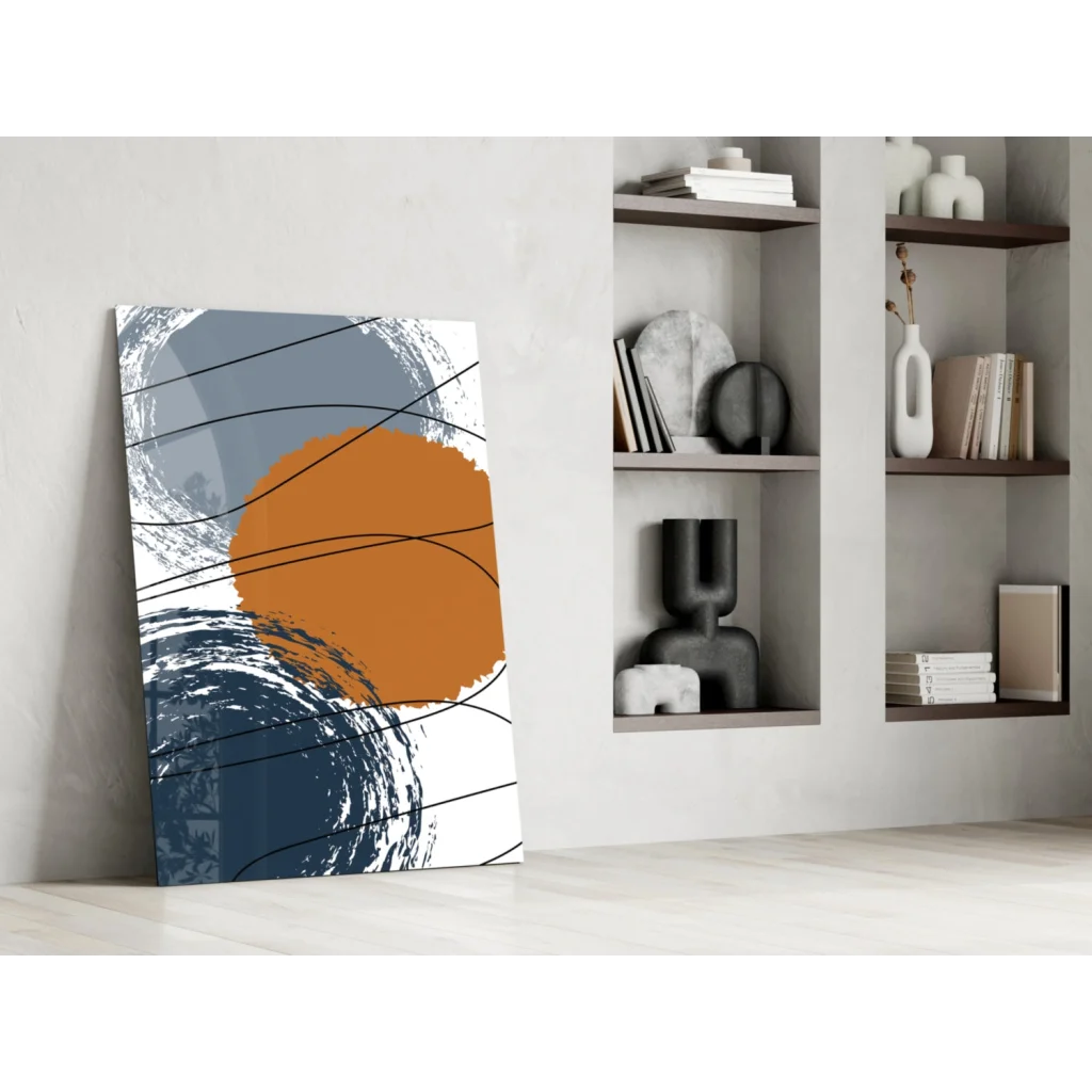 Vibrant orange abstract wall art print with bold geometric circles and textured brushstrokes in gray tones