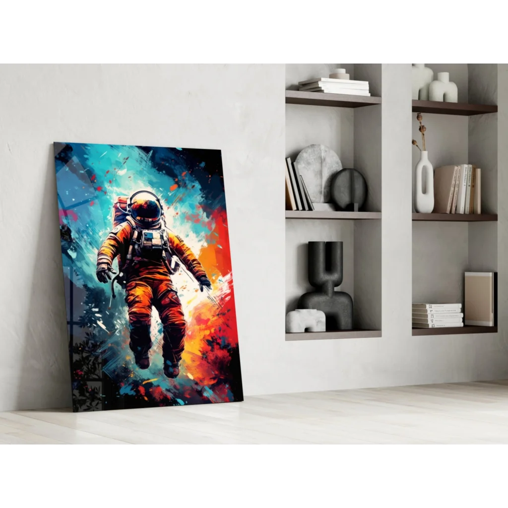 Vibrant orange astronaut canvas wall art poster with abstract design