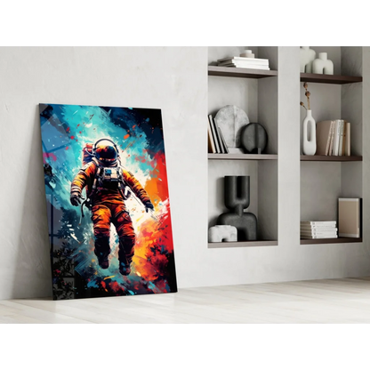 Vibrant orange astronaut canvas wall art poster with abstract design