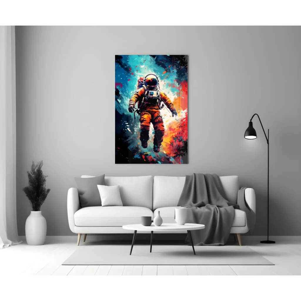 Vibrant orange astronaut canvas wall art print in dynamic design