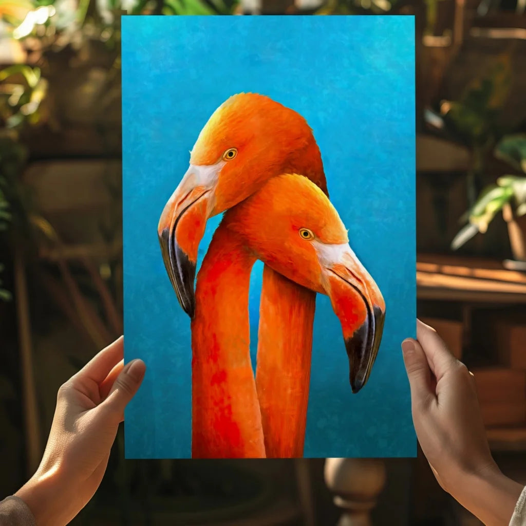 Vibrant orange flamingo duo portrait on turquoise aluminum print