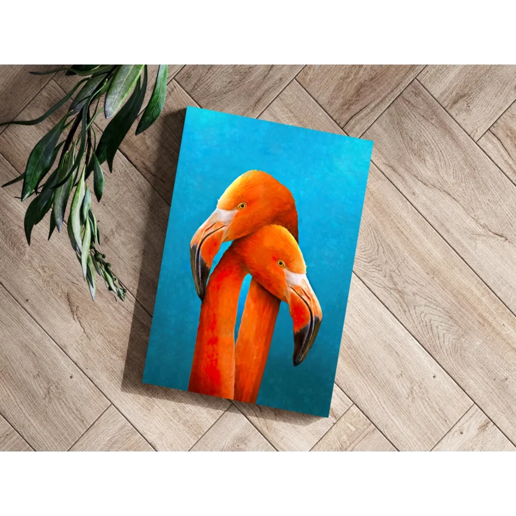 Vibrant orange flamingo duo on turquoise aluminum print