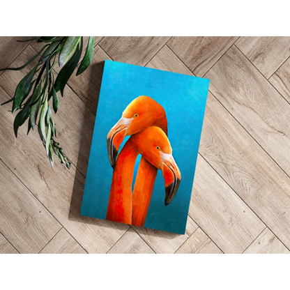 Vibrant orange flamingo duo on turquoise aluminum print