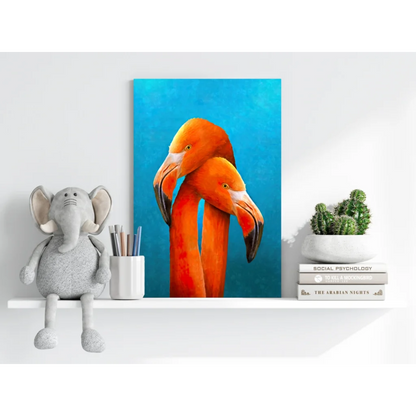 Vibrant orange flamingo duo on turquoise aluminum print