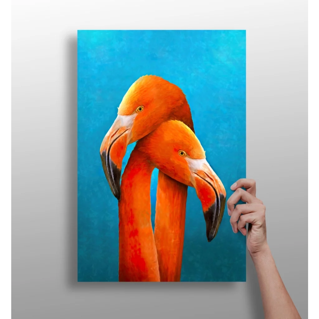 Vibrant orange flamingo duo on turquoise aluminum print artwork