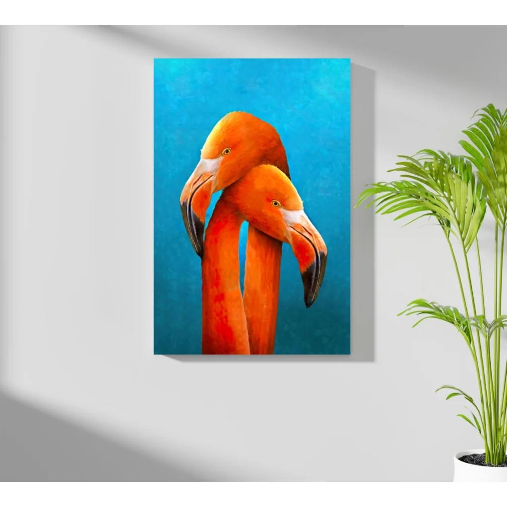 Vibrant orange flamingo duo on turquoise aluminum print