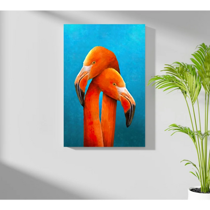 Vibrant orange flamingo duo on turquoise aluminum print